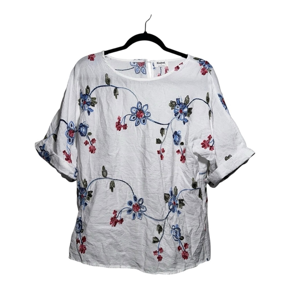 Kindred Embroidered‎ Floral Blouse L Boho Cottagecore Lightweight Top